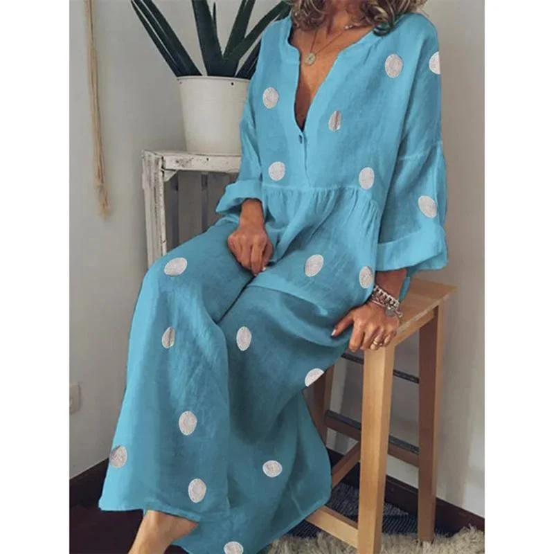 FashionSierra - Polka dot summer dress Casual loose long sleeve bohemian maxi dress Women v neck boho beach dresses robe vintage femme