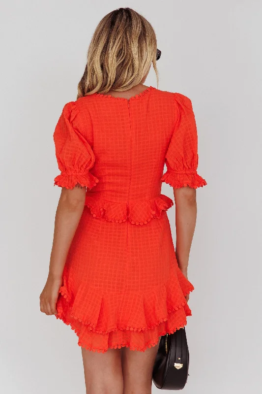 Preston Puff Sleeve Crochet Trim Dress Coral