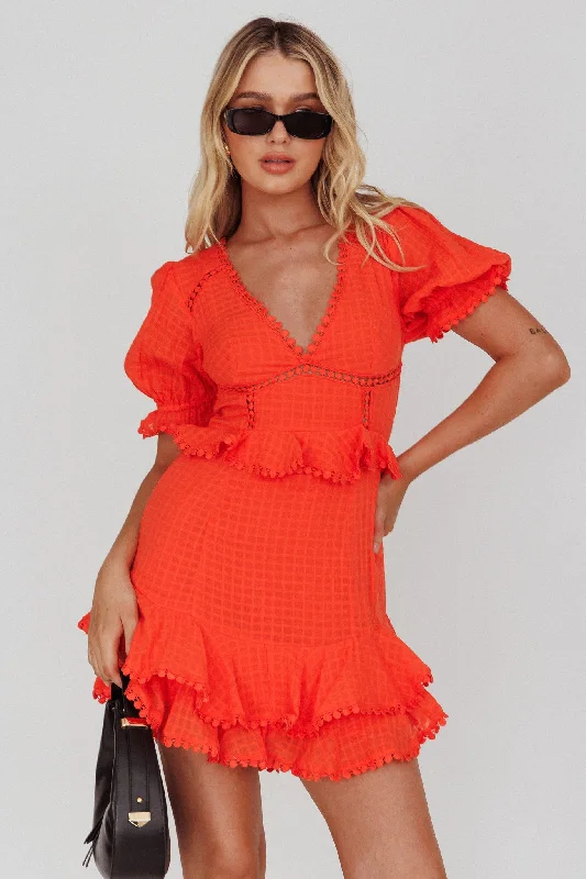 Preston Puff Sleeve Crochet Trim Dress Coral