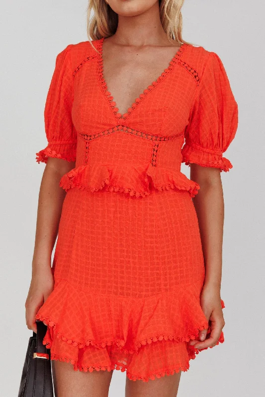 Preston Puff Sleeve Crochet Trim Dress Coral