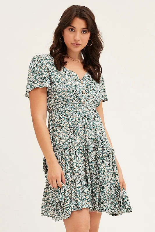 Print Button Front Skater Dress