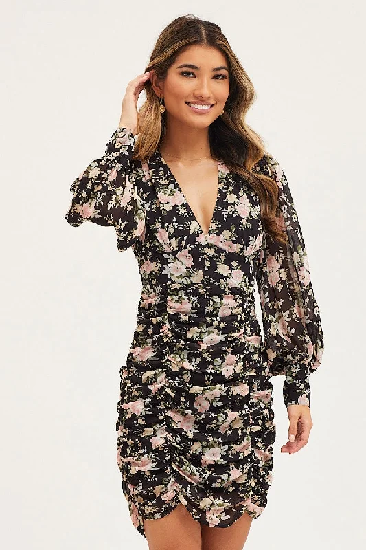 Print Dress Long Sleeve Mini Ruched