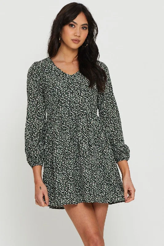 Print Mini Dress Long Sleeve V Neck