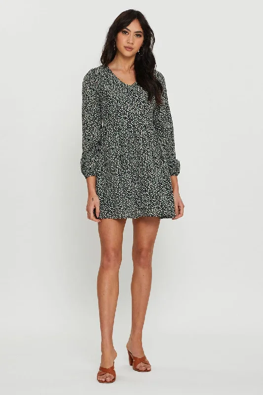 Print Mini Dress Long Sleeve V Neck