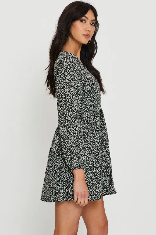 Print Mini Dress Long Sleeve V Neck