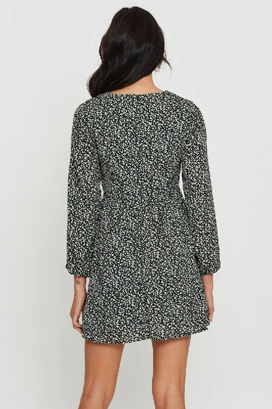 Print Mini Dress Long Sleeve V Neck