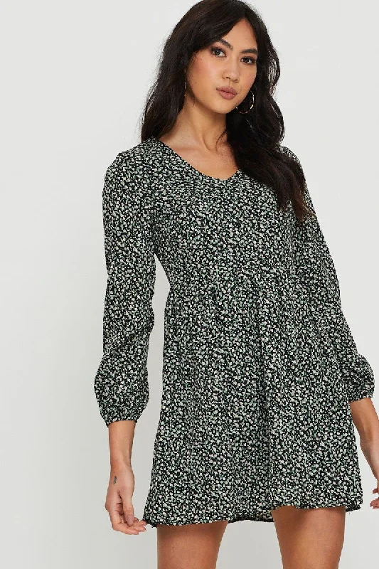 Print Mini Dress Long Sleeve V Neck