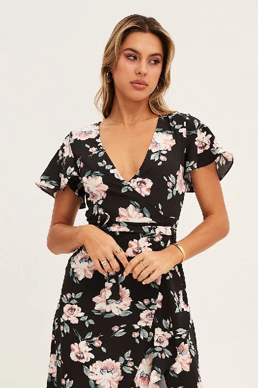 Print Wrap Midi Dress