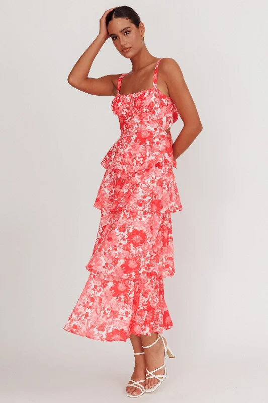 Provence Bloom Tiered Floral Maxi Dress Pink