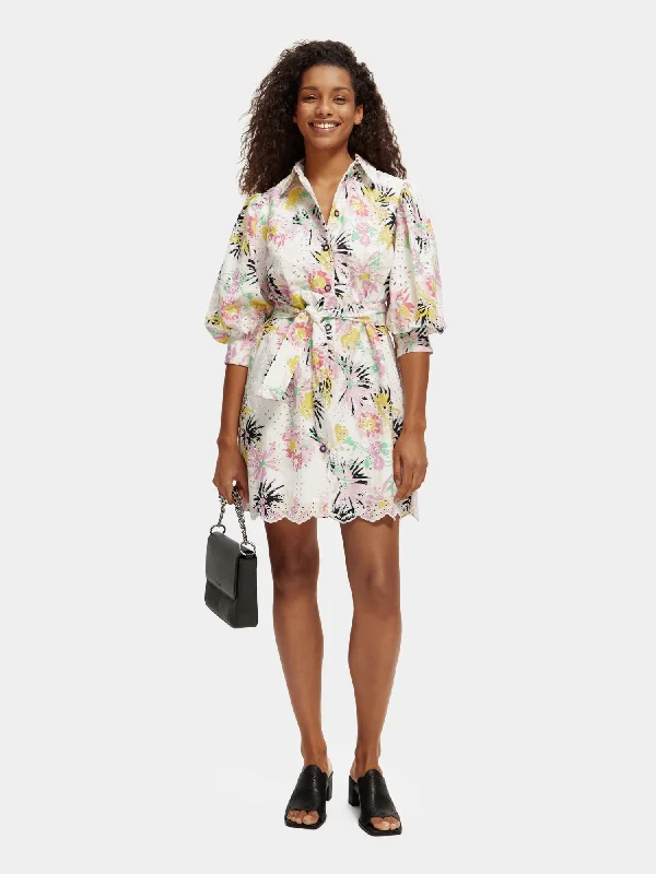 Puff sleeve embroidered shirt dress