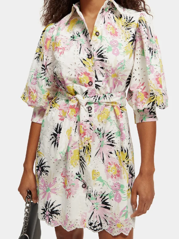 Puff sleeve embroidered shirt dress