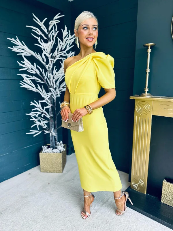 Rachel One Shoulder Occasion Midi Dress Daffodil