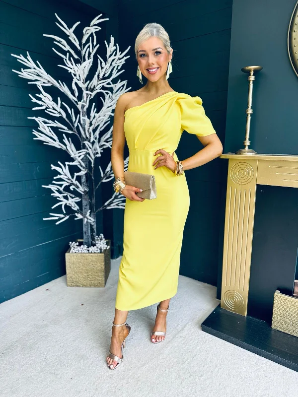 Rachel One Shoulder Occasion Midi Dress Daffodil