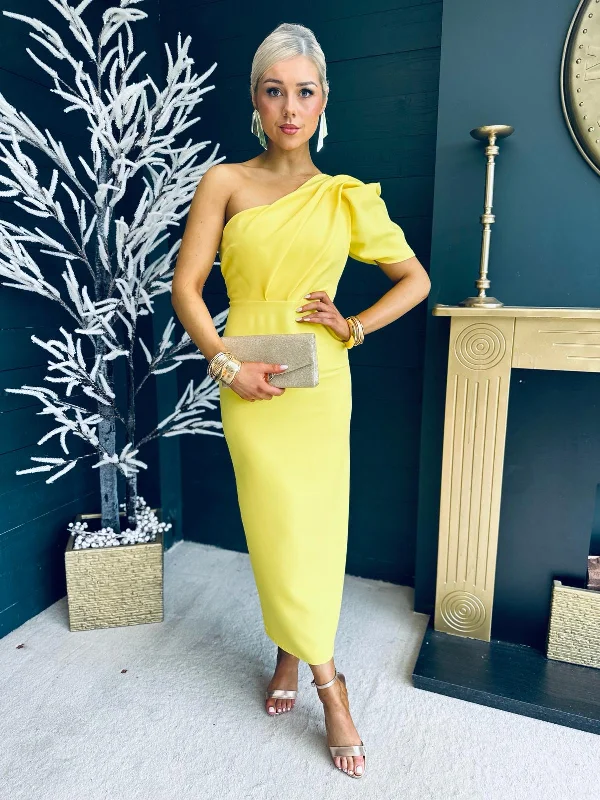 Rachel One Shoulder Occasion Midi Dress Daffodil