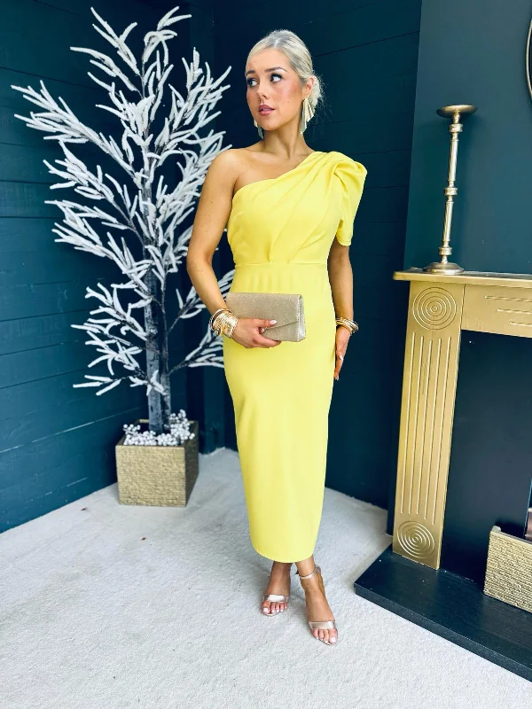 Rachel One Shoulder Occasion Midi Dress Daffodil