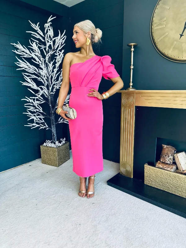 Rachel One Shoulder Occasion Midi Dress Pink