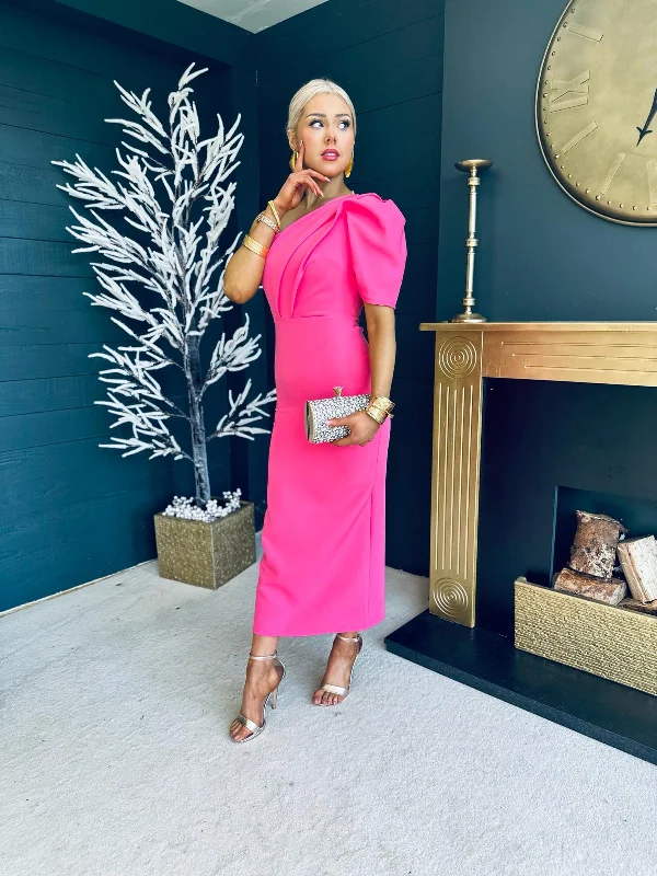 Rachel One Shoulder Occasion Midi Dress Pink