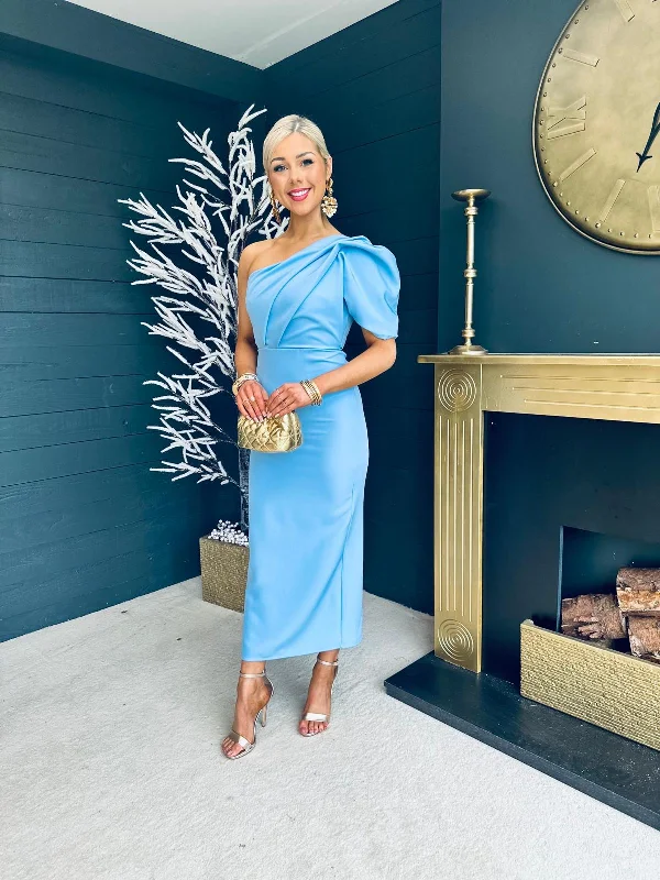 Rachel One Shoulder Occasion Midi Dress Powder Blue