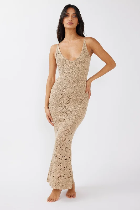 Raven Cami Strap Crochet Maxi Dress Sand