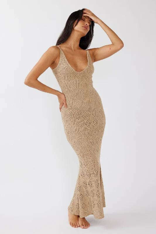 Raven Cami Strap Crochet Maxi Dress Sand