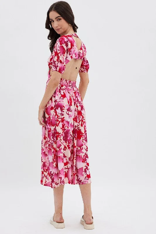 Red Floral Cutout Midi Dress