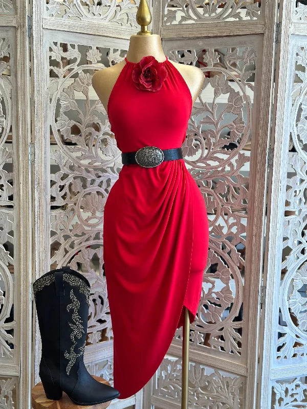 Red Flower Detail High Neck Draped Midi Dress- Stretchy