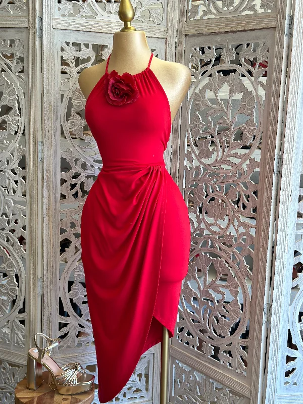 Red Flower Detail High Neck Draped Midi Dress- Stretchy