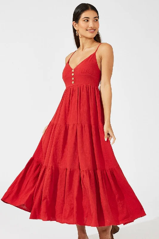 Red Maxi Dress Sleeveless V-Neck