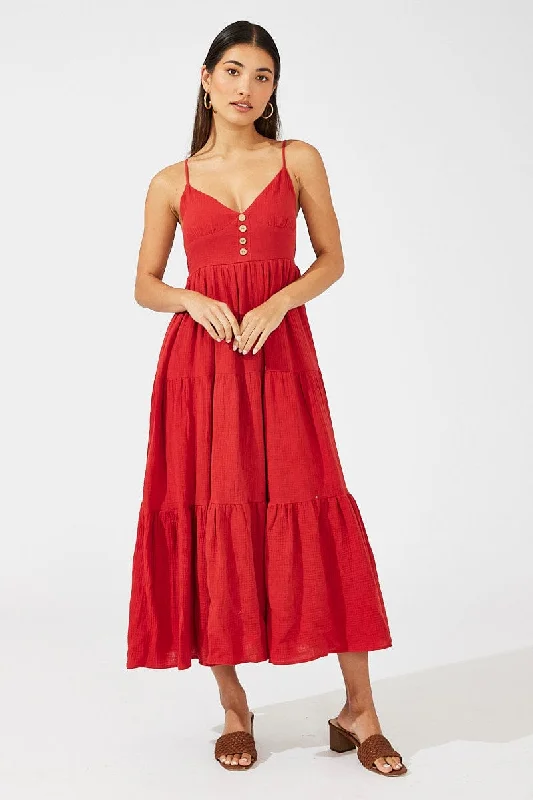 Red Maxi Dress Sleeveless V-Neck