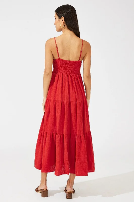 Red Maxi Dress Sleeveless V-Neck