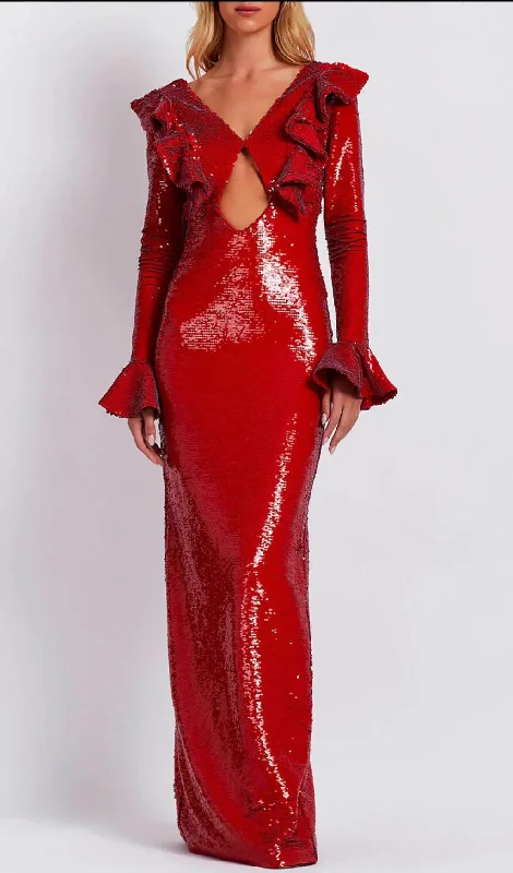 RED SEQUIN BACKLESS MAXI DRESS