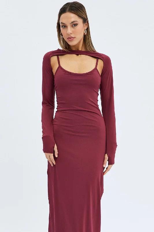 Red Shrug & Dress Set Long Sleeve Maxi Bodycon Jersey