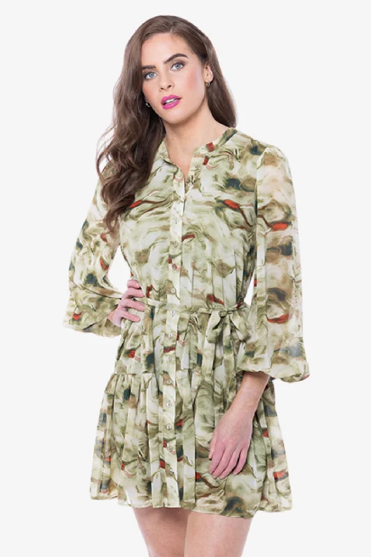 Renew Khaki Smudge LS Belted Mini Dress