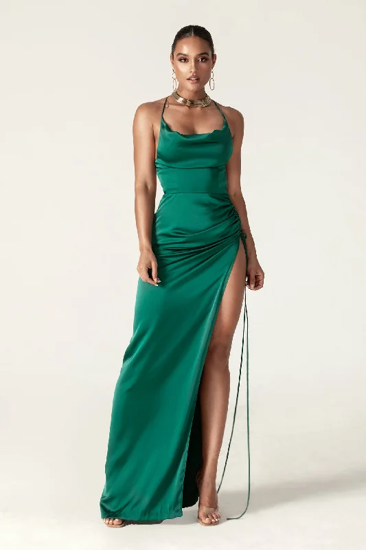 Reva Cowl Neckline Sheath Backless Maxi Dress (Emerald Green)