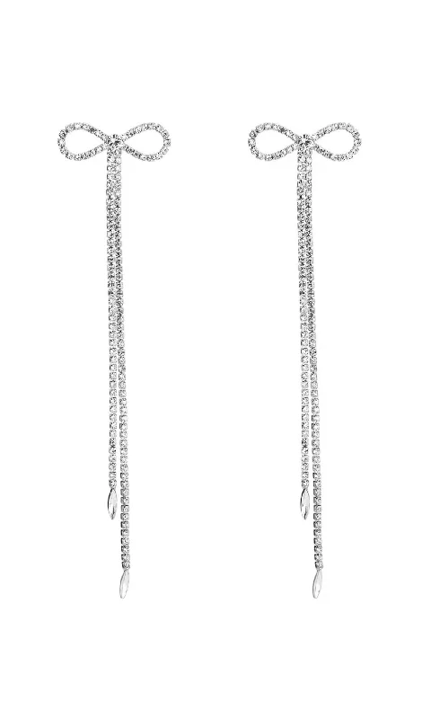 RHINESTONE BOW LONG CHAIN EARRINGS IN WHITE