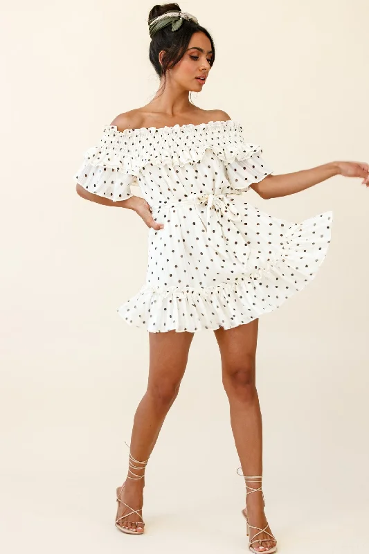 Rita Shirred Off-Shoulder Dress Polka Dot Print White