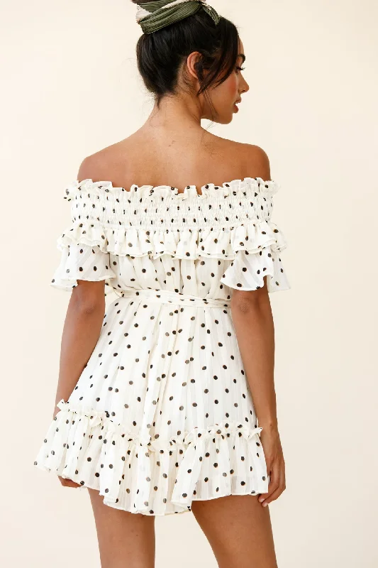 Rita Shirred Off-Shoulder Dress Polka Dot Print White