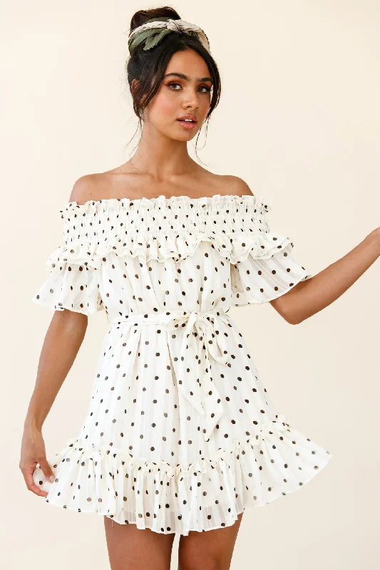 Rita Shirred Off-Shoulder Dress Polka Dot Print White