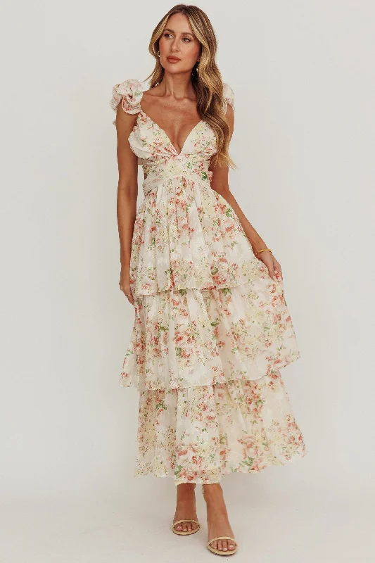 Roselle Backless Ruffle Maxi Dress Floral Multi