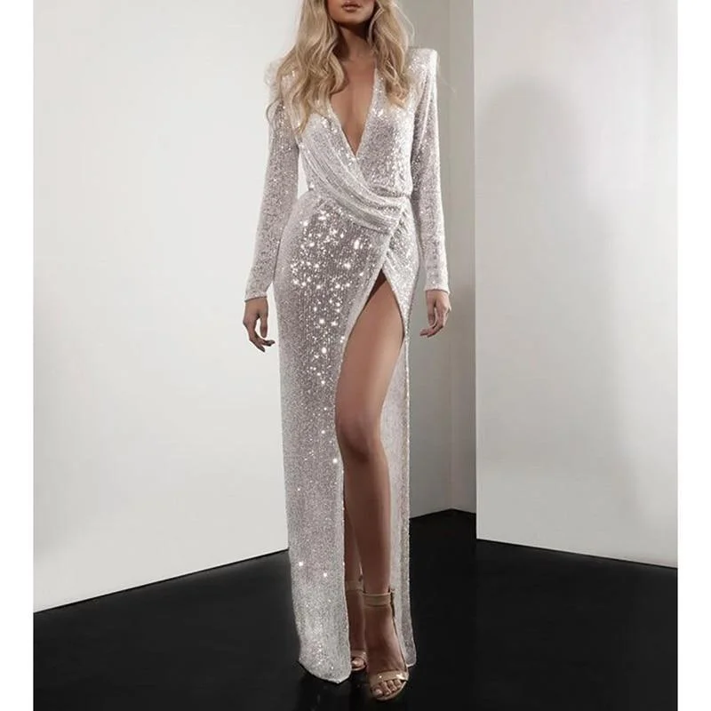 FashionSierra - Ruched desiged sequined dress women long sleeve party dress Elegant split long maxi dresses autumn sequin robe femme