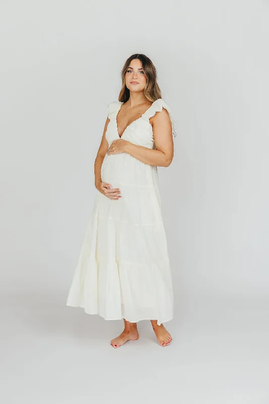 Katy Pleated Bodice Midi Dress in Cream - Bump Friendly