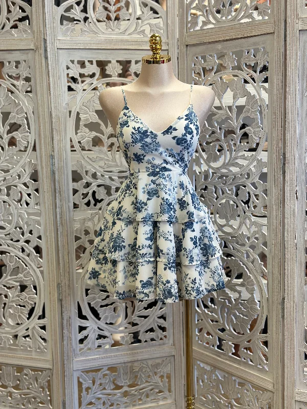 Ruffled Blue Floral Mini Dress- Slightly Stretchy