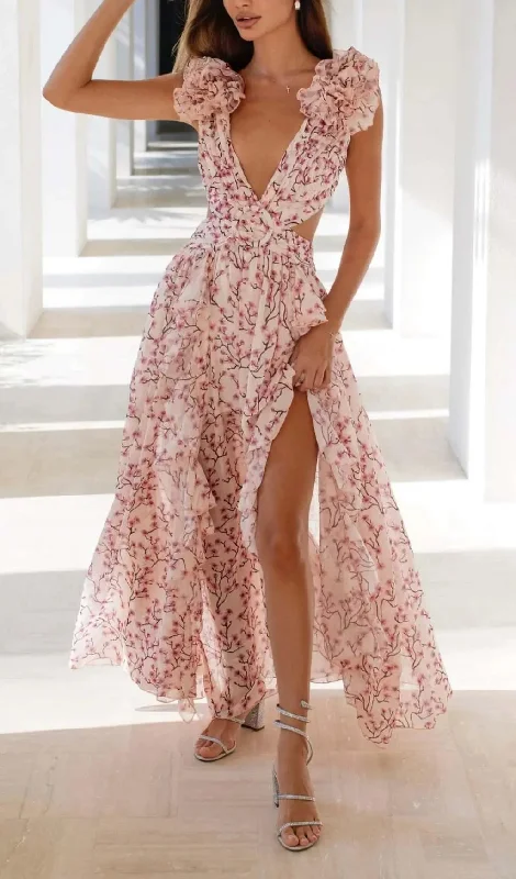 RUFFLED FLORAL CUTOUT MAXI DRESS IN PINK