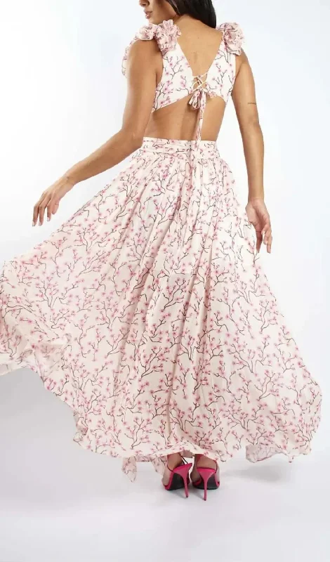 RUFFLED FLORAL CUTOUT MAXI DRESS IN PINK