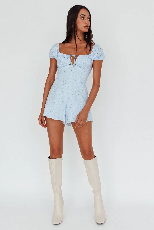 Santiago Puff Sleeve Eyelet Romper Blue