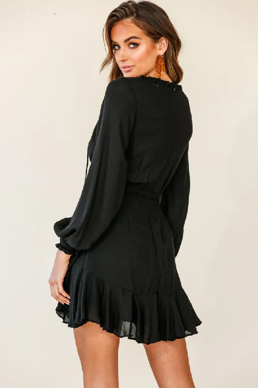 Santorini Long Sleeve String Tie Dress Black