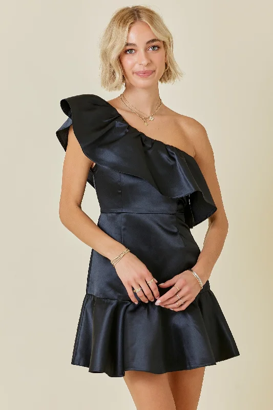 SATIN BLACK ONE SHOULDER RUFFLE MINI DRESS