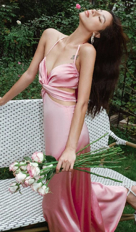 SATIN HALTER CUT OUT  MAXI DRESS IN PINK