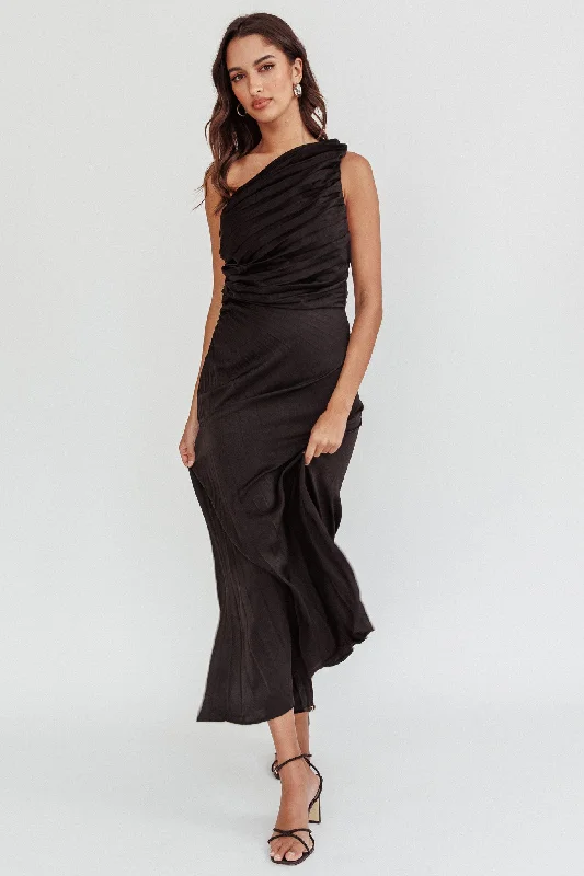 Scarlett One-Shoulder Pleat Maxi Dress Black