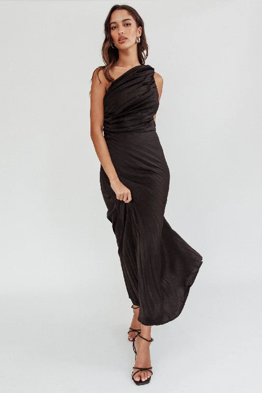 Scarlett One-Shoulder Pleat Maxi Dress Black